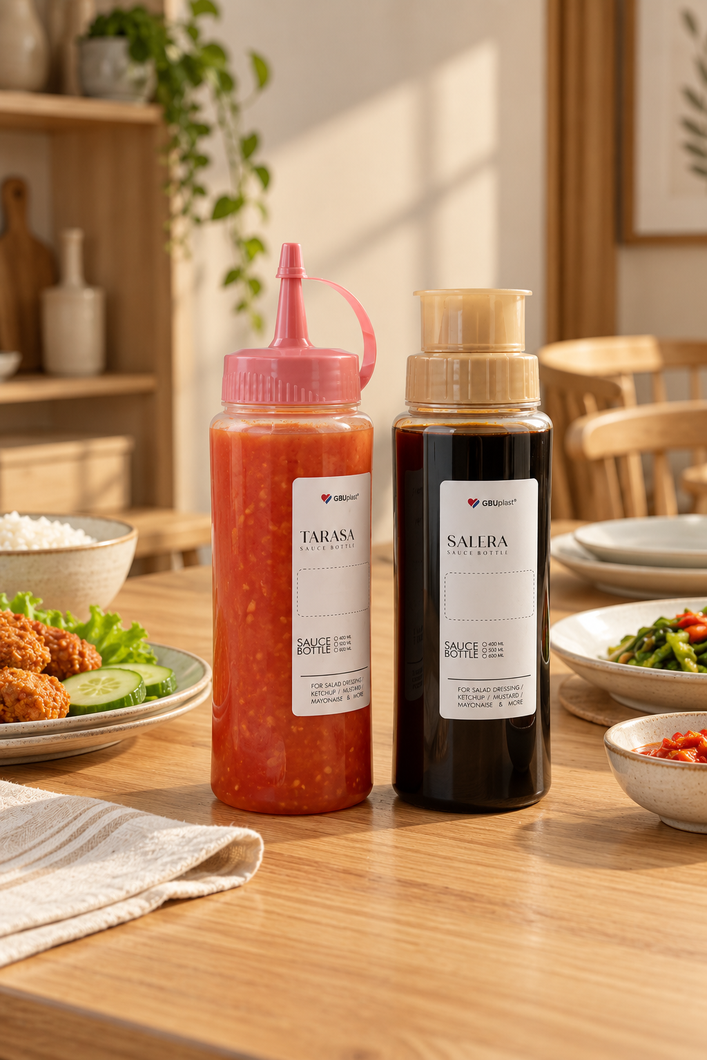 Botol saus Tarasa berisi saus sambal dan botol saus Salera berisi kecap dari GBUplast di atas meja makan kayu